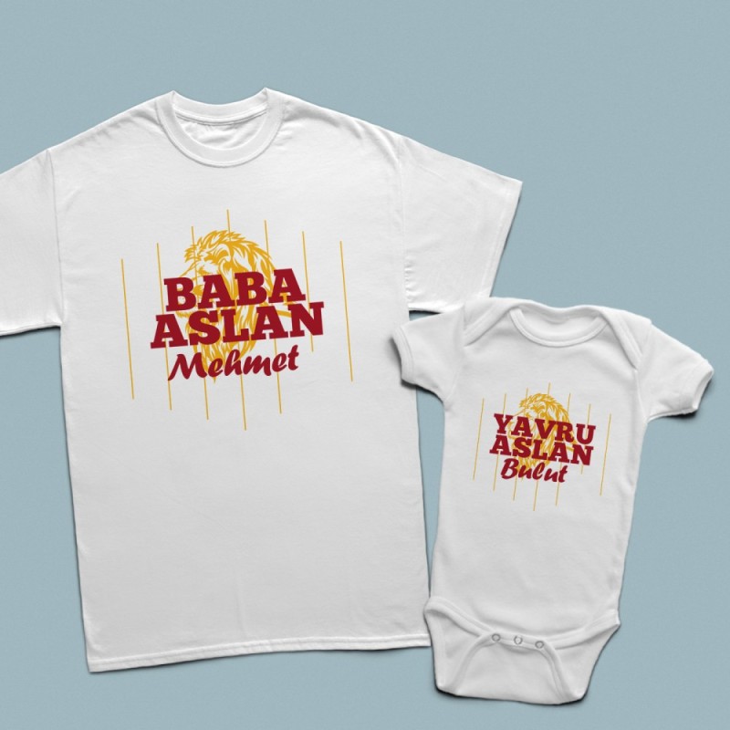Aslan Figürlü Baba Çocuk Baskılı tişört ve bebek zıbını - 1