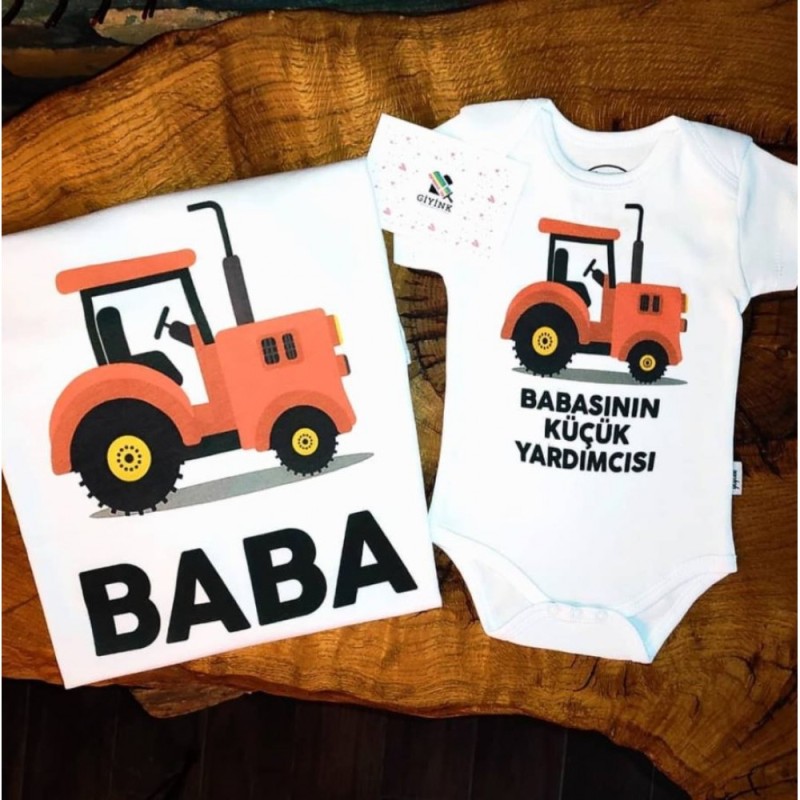Çiftçi Baba Oğul İş Makineleri Hediyelik Baskılı tişört ve bebek zıbını - 1